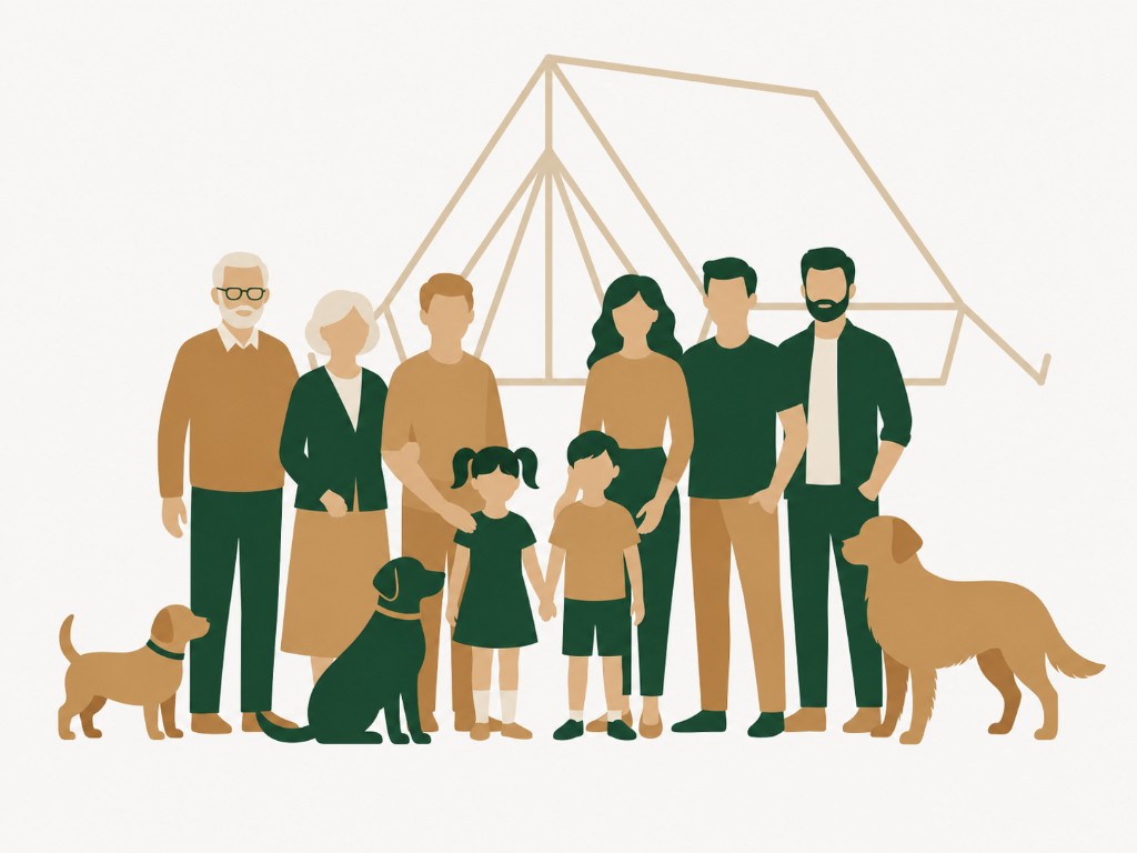 三世代の家族と犬たちがテントの前に集まるイラスト